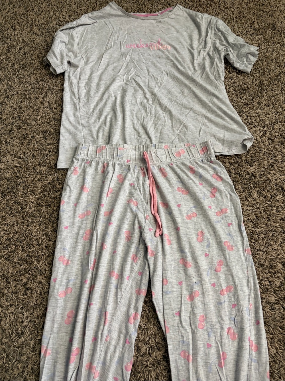 Girls' Grey and Pink Cherry Pajama Set - Brand: